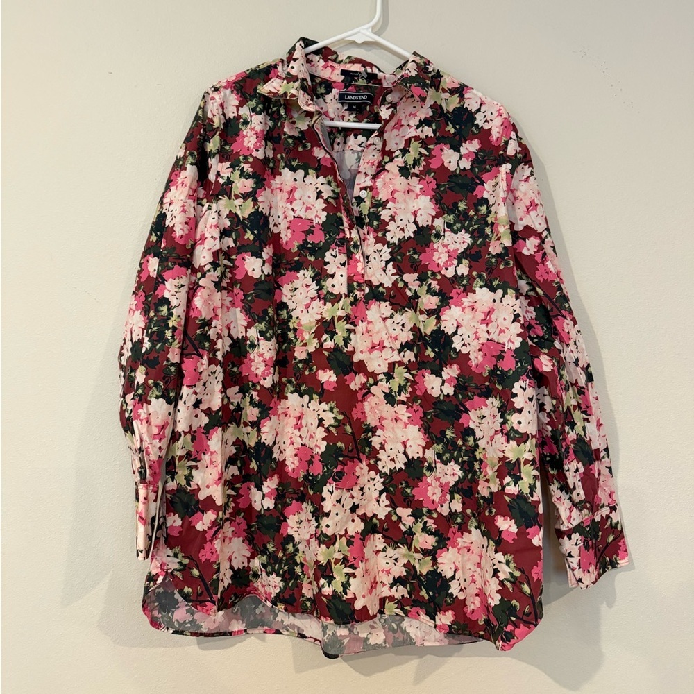 Lands’ End Pink Floral Blouse Size 16 100% Cotton Button‎ Front Shirt 21” P2P